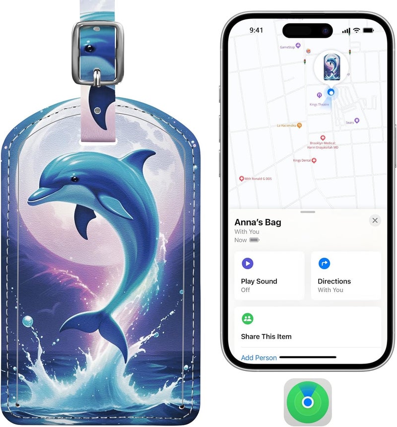 LifeChé Luggage Tags Built-in Anti-Loss Tracker, Luxury Leather Luggage Tags for Suitcase, Travel Bags, Backpacks, Travel Organizer for Lost Baggage Prevention (Moon Dolphin) - Image 1